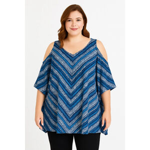 Women's Roaman's Blue White Chevron Cold Shoulder Tunic Top Plus Size 1X